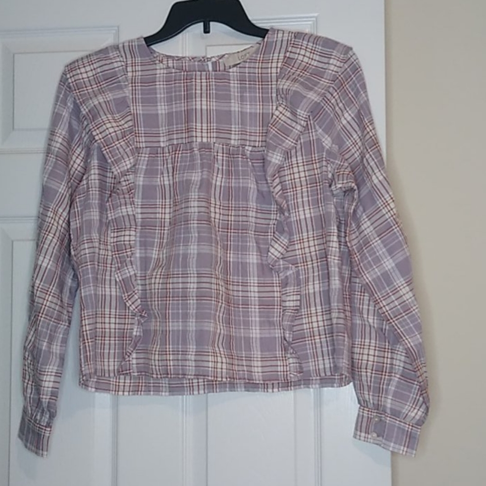 Loft Plaid Ruffle Cropped Blouse